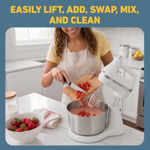 West Bend Two Sweet 2-in-1 Hand & Stand Mixer, 11 Speeds with Turbo Boost, 4.4 Qt Rotating Bowl, Dough Hooks, Beaters & Whisk, Tilt-Head Design, 550 Peak Watts, White