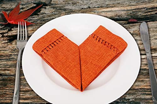 Set of 4 Handcrafted Solid Orange Color Thanksgiving Dinner Napkins, Double-Hemstitched, Square 12 x 12 Inches