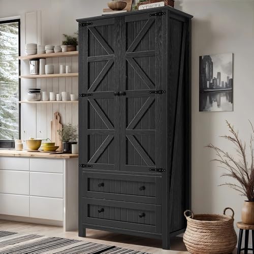 DWVO 64.5" Farmhouse Pantry Cabinet with 2 Drawers & Shelves, Oak Black
