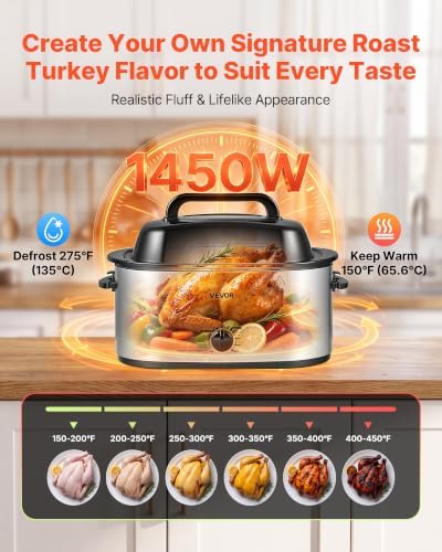 VEVOR Electric Roaster Oven, 26 Qt 1450W, Turkey Roasting Pan, Viewing Lid