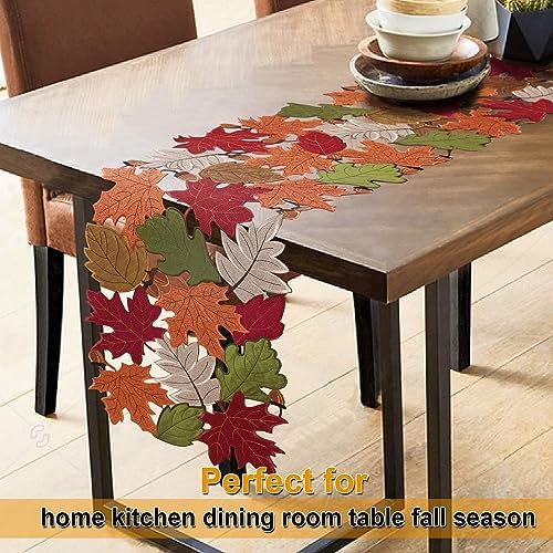 OWENIE Fall Table Runner 90 Inches Extra Long, Fall Decor for Home, Embroidered Thanksgiving Table Runner, Fall Leaves Harvest Maple Leaf Decoration for Autumn, Applique Dresser Scarf