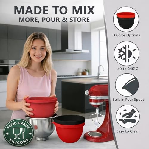 Silicone Bowl Liners with Lids for KitchenAid 5 Qt Tilt Mixing Bowl Inserts, Kitchen Mixer Accessories for Baking & Cooking, Dishwasher Safe, Heat & Cold Resistant（Red & Black）