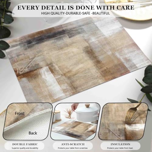 Mcalk Brown Table Runner and Placemats Set of 6 Pieces, Beige Placemats Modern Art,Abstract Art Cloth Place Mats Indoor for Kitchen,Washable Placemats Linen Material for Dining Table