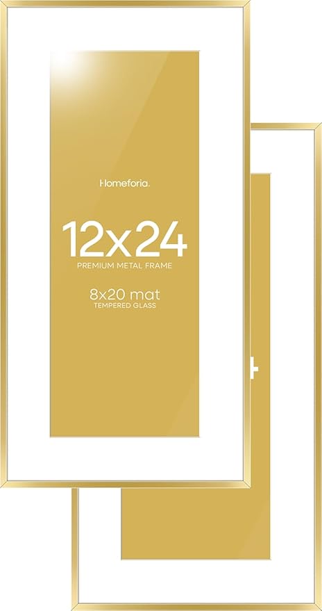 Homeforia 12x24 Picture Frame Gold, High End Metal 12x24 Poster Frames with Mat 8x20 inch Photo, 12 x 24 Gold Frames Matted to 8 by 20 Print, 24x12 Panoramic Frames, Tempered Glass, Wall Kit, Set of 2