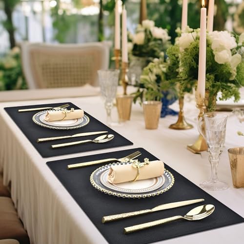 SLKQG Black Faux Linen Placemats Set of 8, Heat Resistant Washable Double Layer Cloth Place Mats for Dining Table, Wrinkle Resistant Linen Textured Farmhouse Kitchen Decor (8, Black)
