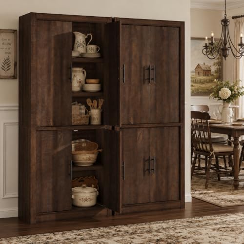 Garvee Tall Farmhouse Pantry Cabinet with Adjustable Shelves, 70.4" Kitchen Storage Cupboard with 4 Doors, Freestanding Microwave Stand and Food Organizer, Dining Area, Rustic Brown