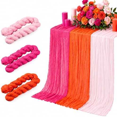 3 Pcs Hot Pink and Orange Cheesecloth Table Runners 118"