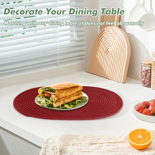 Oval Woven Placemats Set of 8 Heat Resistant Placemats 17 x 12 Inches Farmhouse Cotton Rope Place Mats for Dining Tables Trivets for Hot Dishes, Burgundy