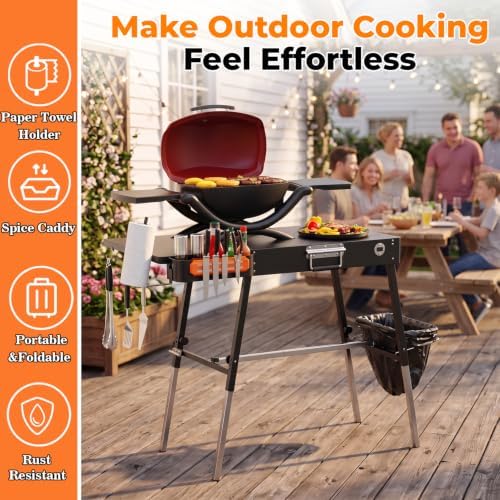 EUTRKei Portable Grill Table for Weber Q1200, Q1000, Q2200, Q2000, Q2400, Griddle Stand for Ninja Woodfire Collection OG700, OG800, OG900 Series, Folding Grill Cart with Caddy for Camping, Travel