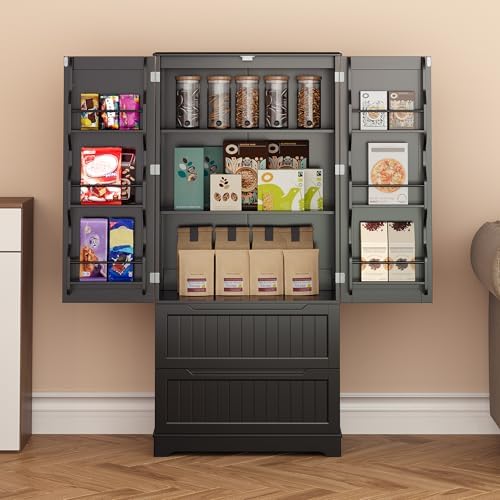 Gizoon 63" Kitchen Pantry Cabinet with Drawers for Dining Room, Black