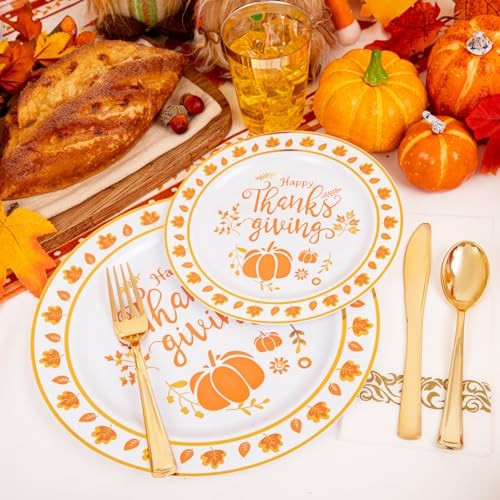 LIYH 175 Pcs Thanksgiving Plastic Plates and Napkins Sets, Thanksgiving Disposable Plates Heavyduty, Gold Plastic Silverware, Fall Pumpkins Plate for Autumn Harvest Day 25 Guests