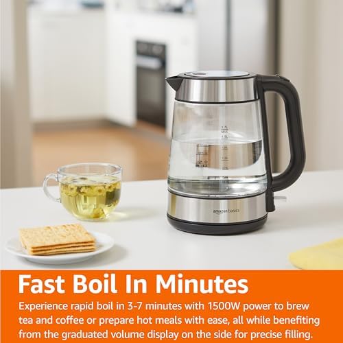 Amazon Basics Electric Kettle with Glass Carafe for Tea and Coffee, BPA-Free, Fast Boiling, Auto Shut-Off, Boil-Dry Protection, Water Level Indicator, 1.7 Liter, 1500W, Black and Silver - Image 5