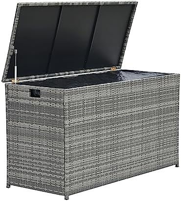 Teamson Home 154 Gallon Lined Weather Resistant Outdoor Rattan Wicker Patio Deck Storage Box with Soft Close Hinges for Patio Furniture Cushions or Pool Accessories, Gray