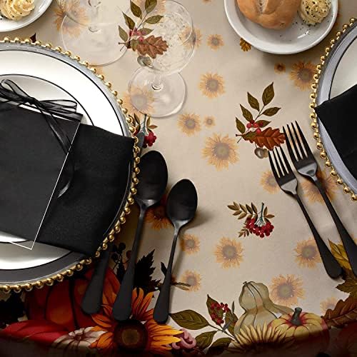 Fall Thanksgiving Double Border Decoration Tablecloth, Sunflower & Pumpkin Harvest Tablecloths,Waterproof Table Cover for Dinner Kitchen Party Holiday Decorations, Round 60"