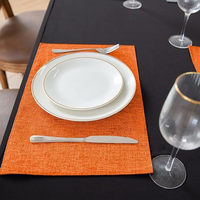 Linen Placemats Set of 8, Machine Washable, Heat Resistant, Wrinkle Free, Thick Polyester Kitchen Place Mats for Dining Table (Orange)