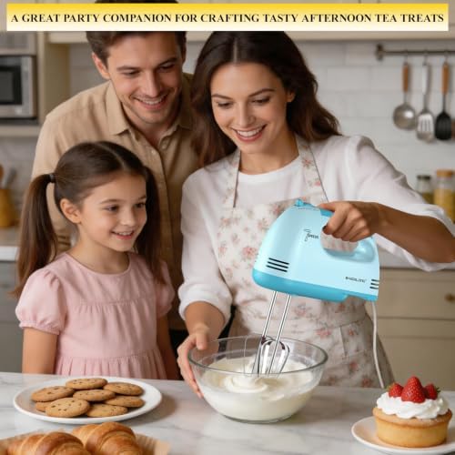 BAIGELONG Hand Mixer. 7-Speed Adjustable Kitchen Electric Mixer. With 5 Stainless Steel Attachments: 2 Hooks, 2 Beaters, 1 Whisk. Comes 1 Storage Box. Perfect for Bakers and New Starters, Blue