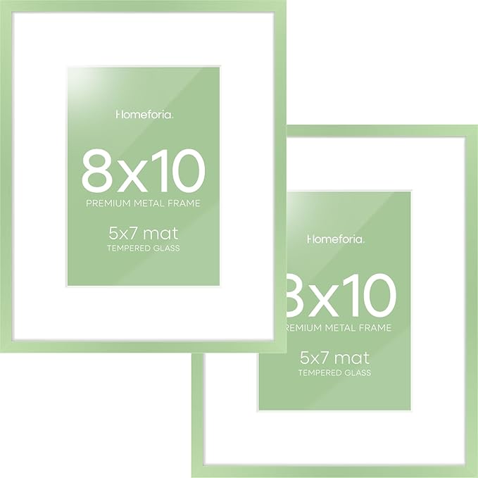 Homeforia 8x10 Picture Frame Sage Green, High End Metal 8 x 10 Poster Frames with Mat 5 by 7 Art, 10x8 Thin Frame Matted to 7x5 Photo, 8by10 Wall or Tabletop Frames, Tempered Glass, Wall Kit, Set of 2
