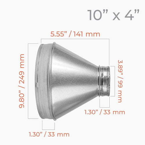 10" to 4" Inch Round Duct Reducer - Male Fit Galvanized Steel Pipe Increaser - Coupling for Round Duct Ventilation Systems - Heating & Cooling, HVAC