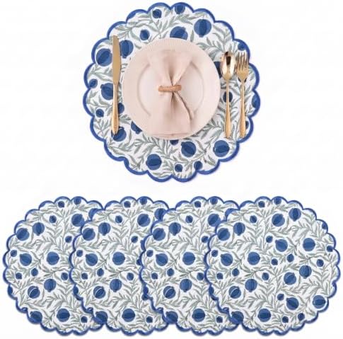 Ridhi Floral Block Print Round Placemats 15 Inch, Set of 4, Queen Blue