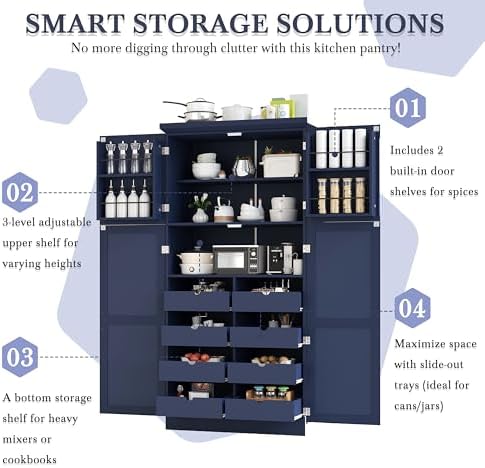 Merax 35.5x17.6x70.9 inches Freestanding Kitchen Pantry Cabinet, Tall Storage Cabinet with 4 Doors, 2 Door Shelves, 8 Pull-Out Trays and Adjustable Shelf for Dining Room, Blue