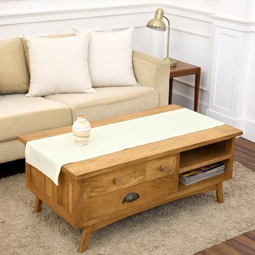 Solino Home Cotton Linen Table Runner Ivory Hemstitch, 14 x 48 in