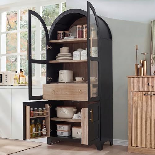 Merax 71" Farmhouse Arched Pantry Cabinet with Glass Doors & Hidden Drawer, Adjustable Shelves Storage Cupboard for Kitchen/Dining Room, Black