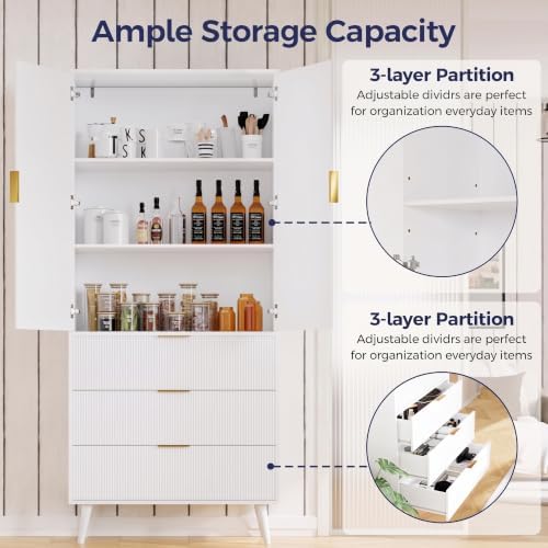 NicBex Kitchen Pantry Cabinet with 3 Drawers & Adjustable Shelves, White