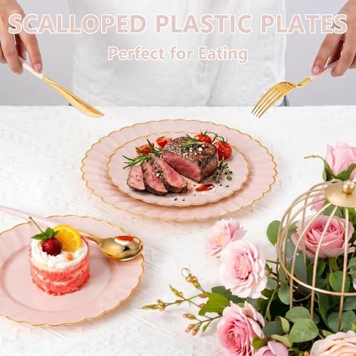 Ciaell 175 Piece Pink and Gold Plastic Plates for Weddings Parties