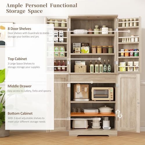Shintenchi Kitchen Pantry Cabinet, Farmhouse Tall Cupboard, Ash Gray