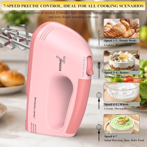 BAIGELONG Hand Mixer. 7-Speed Adjustable Kitchen Electric Mixer. With 5 Stainless Steel Attachments: 2 Hooks, 2 Beaters, 1 Whisk. Comes 1 Storage Box. Perfect for Bakers and New Starters. Pink