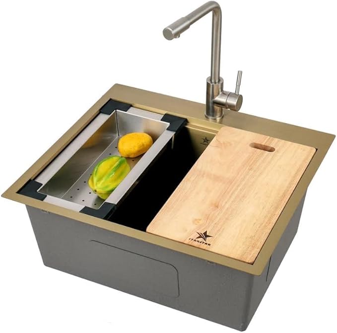 STARSTAR Workstation Ledge Top Mount/Drop-in 304 Stainless Steel Luxury Single Bowl For Kitchen,Yard, Office, Bar, Laundry Sink (25 x 22)