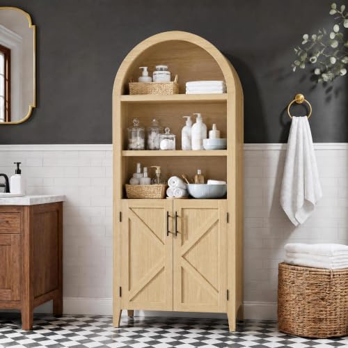 Garvee Arched Cabinet with Doors, 5-Tier Kitchen Pantry Cabinet with Adjustable Shelves, Wooden Open Farmhouse Storage Organizer for Kitchen, Dining Room, Living Room, Home Office, Natural