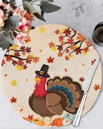 Fall Round Placemats Set of 4 Thanksgiving Harvest Pumpkin Turkey Place Mats Washable Woven Placemat Orange Maple Leaves Circle Braided Table Mat for Kitchen Dining Holiday Party Fall Decor 15 Inch