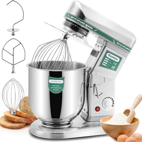 Huanyu 10QT Commercial Stand Mixer, 3-in-1 Stepless Speed Stainless Steel