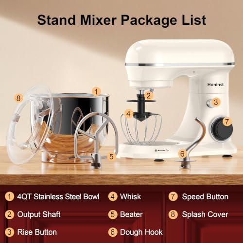 Honinst 4QT Electric Stand Mixer, 10-Speed Tilt-Head Compact Kitchen Mixer