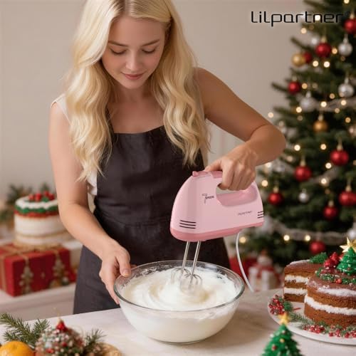 LILPARTNER Electric Hand Mixer with Storage Box, Ultra Power Kitchen Hand Mixer With 7-Speed & 5 Stainless Steel Accessories for Whipping Dough, Cream, Cake, Dishwasher Safe, LIGHT PINK BOX