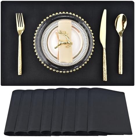 SLKQG Black Faux Linen Placemats Set of 8, Heat Resistant Washable Double Layer Cloth Place Mats for Dining Table, Wrinkle Resistant Linen Textured Farmhouse Kitchen Decor (8, Black)