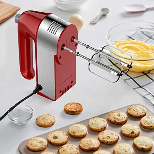 Hand Mixer Electric, 450W Kitchen Mixers with Scale Cup Storage Case, Turbo Boost/Self-Control Speed + 5 Speed + Eject Button + 5 Stainless Steel Accessories, For Easy Whipping Dough, Cream, Red