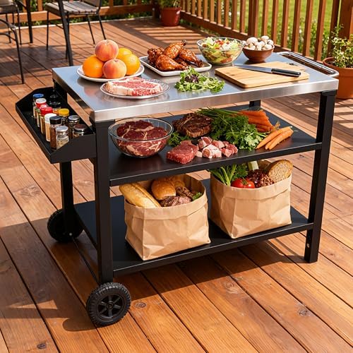 KEIKI 3-Tier Outdoor Grill Cart Table with 2 Wheels, Seasoning Tray, Movable BBQ Cooking Prep Table, Pizza Oven Table, Serving Bar Cart for Backyard, Indoor, Outside, Kitchen Room, Stainless Steel