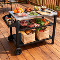 KEIKI 3-Tier Outdoor Grill Cart Table with 2 Wheels, Seasoning Tray, Movable BBQ Cooking Prep Table, Pizza Oven Table, Serving Bar Cart for Backyard, Indoor, Outside, Kitchen Room, Stainless Steel