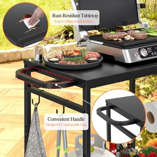 2-Tier Outdoor Grill Table with Wheels, Movable Cooking Food Prep Table for Outside BBQ Gathering, with 23.62" Lx 15.75" W Rust-resistant Tabletop, Griddle Stand for Patio & Backyard & Tools Room