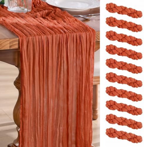 Goodluck Fall Table Runner, 10 Pack 10FT Terracotta Cheesecloth Table Runner 35x120 Inch Burnt Orange Boho Gauze Table Runner for Thanksgiving Autumn Fall Wedding Baby Shower Home KitchenTable Decor
