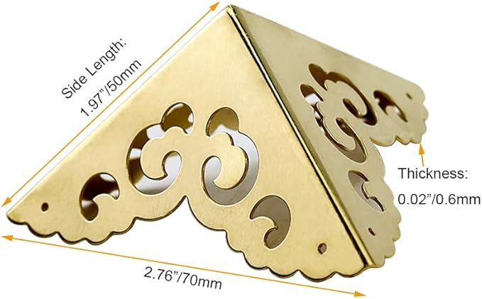 4Pcs Vintage Pure Brass Hollow Cloud Pattern Corner Protectors Antique Hardware Desk Edge Wooden Jewelry Gift Box Cabinet Three Sides Full Encase Corner Guard (Gold)