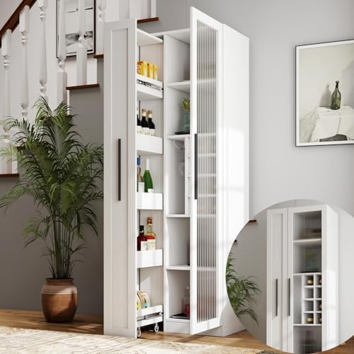 KEIKI Pull-Out Kitchen Pantry Storage Cabinet with Multi-Tier Shelf, Glass Doors, Spice Rack Next to Fridge, Freestanding Wood Hutch Food Pantries Cupboard for Coffee Bar, Dining Room, Narrow Spaces