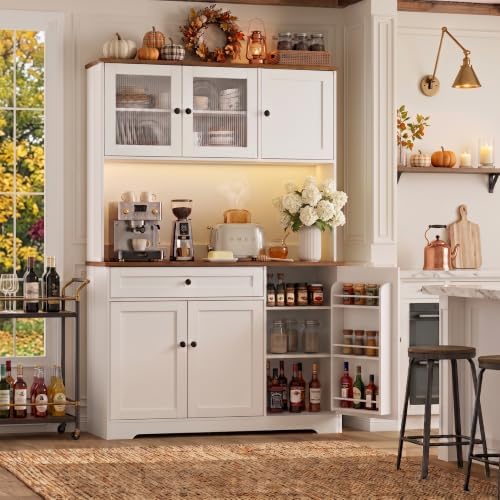 Tall Kitchen Pantry Cabinet with Countertop, 39.4" W Kitchen Hutch with Storage, Farmhouse Kitchen Cabinet Coffee Bar Cabinet with Power Outlets, Drawer, Door Racks, Adjustable Shelves, RGB LED Lights