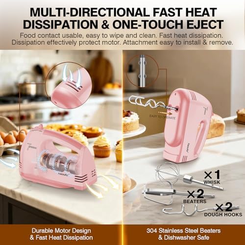 Electric Kitchen Mixer, Small 7-Speed Mixer, Dishwasher-Safe 304 Accessories (1 Whisk, 2 Dough Hooks, 2 Beaters), Mixes Various Ingredients, for Both Beginners and Bakers, Pink