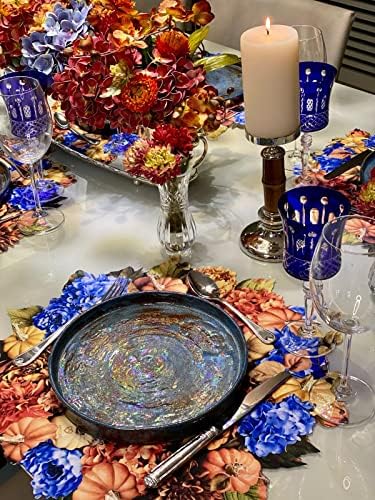 Maison Charlo - Set of 4 Waterproof Placemats Thanksgiving Pumpkin Wreath - Dining Table Decor, Home Decor - Washable Heat Resistant for Parties, Kitchen Table - Orange