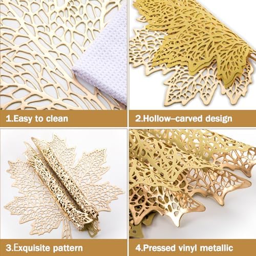 Ziliny 12 Pack Thanksgiving Maple Leaf Placemats, Fall Placemat, Gold