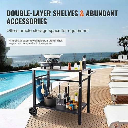 VEVOR Outdoor Grill Cart with Double-Shelf, BBQ Movable Food Prep Table with PVC Placemat, Black Iron Table Top, Portable Modular Carts for Pizza Oven, Worktable with 2 Wheels, Carry Handle