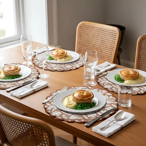 Ridhi Floral Block Print Round Placemats 15 Inch, Set of 4, Oak Brown